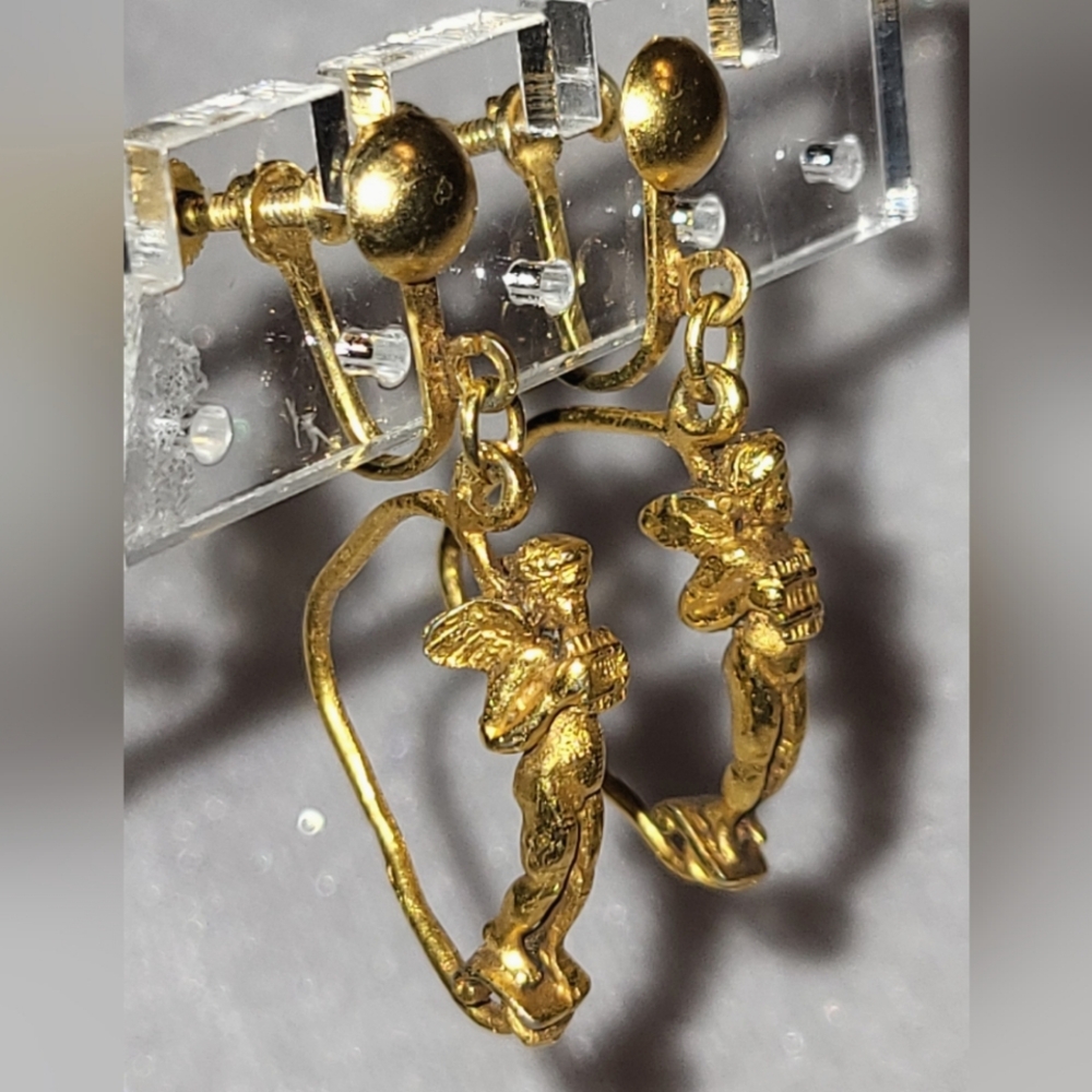 Vintage Art Nouveau Era Harp Shape Gold Tone Cherub Screwback Earrings